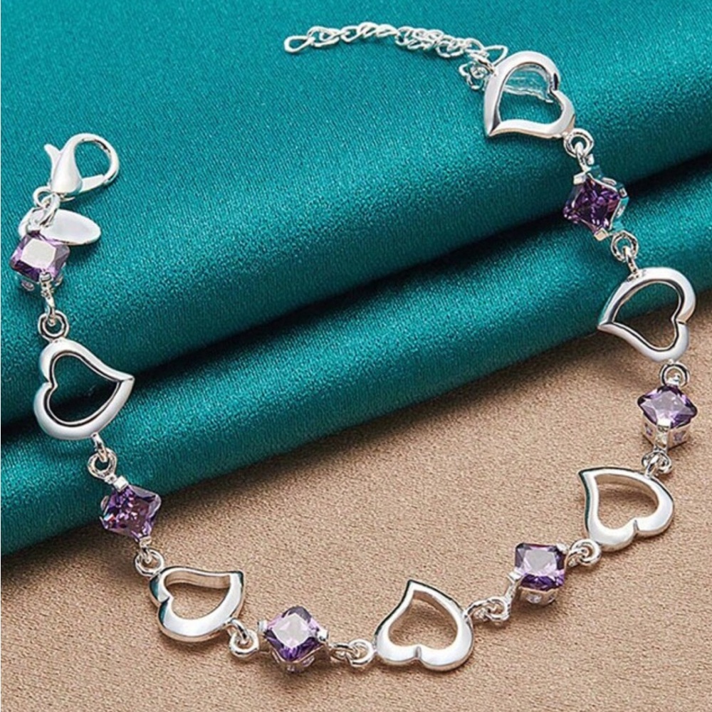 925 Sterling Silver Plated Heart and Purple Zirconia Bracelet